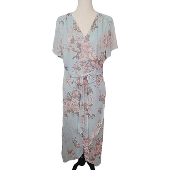 Leith Green Floral Wrap High-Low Lined Chiffon Dress Size XXL - Picture 2 of 10